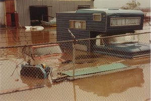 Del Mar Blue Print History - Flooded cars in the parking lot at Del Mar Blue in 1980